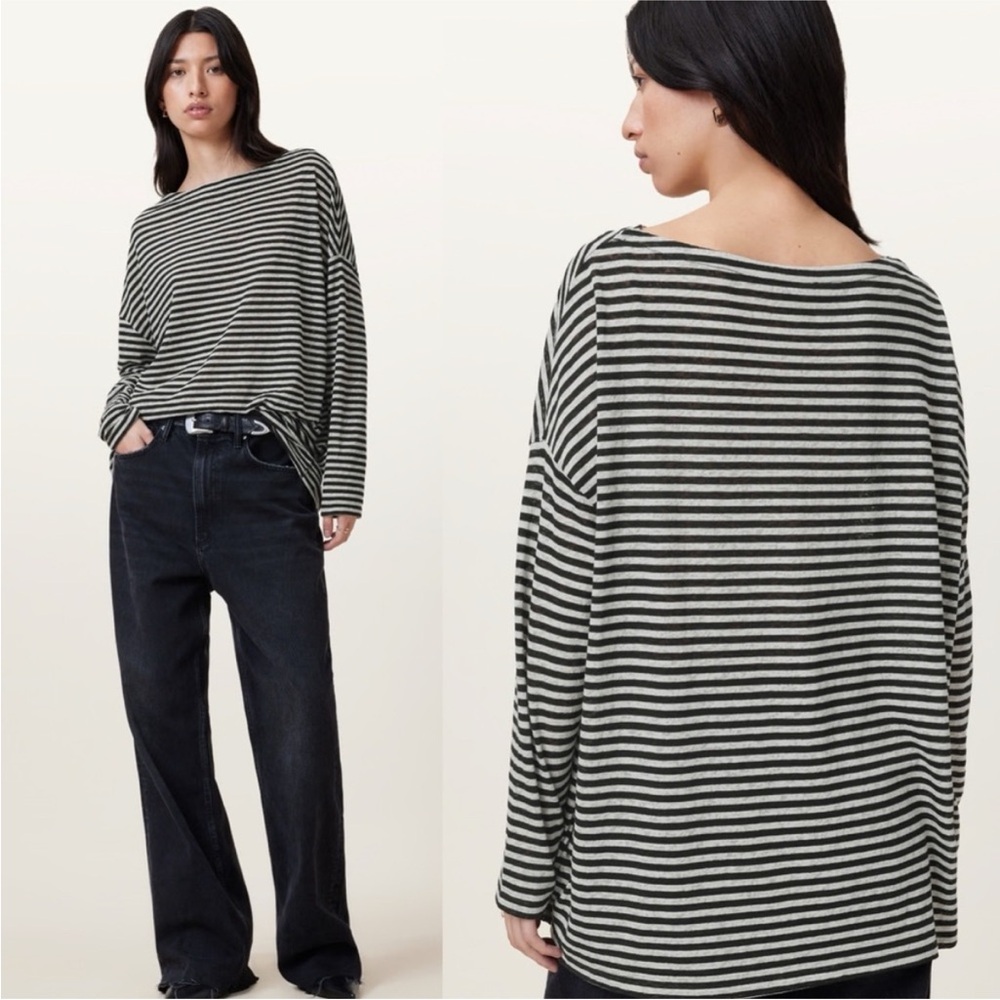 All Saints Black and White Striped Long Sleeve Top
